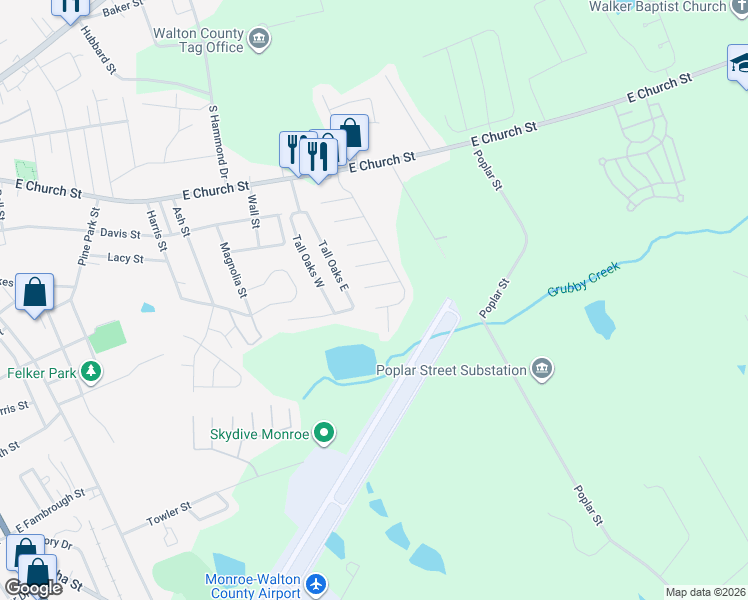 map of restaurants, bars, coffee shops, grocery stores, and more near 1221 Sporty Lane in Monroe