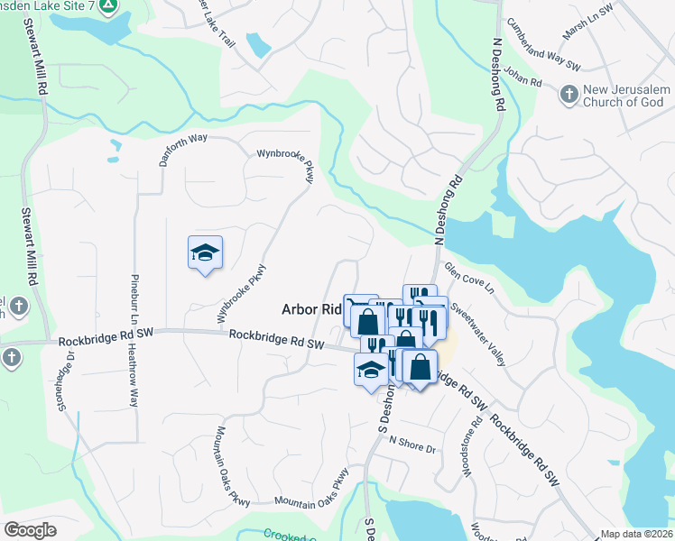 map of restaurants, bars, coffee shops, grocery stores, and more near 446 Arbor Ridge Drive in Stone Mountain