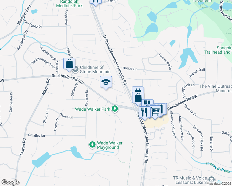 map of restaurants, bars, coffee shops, grocery stores, and more near 5476 Old Rockbridge Road in Stone Mountain
