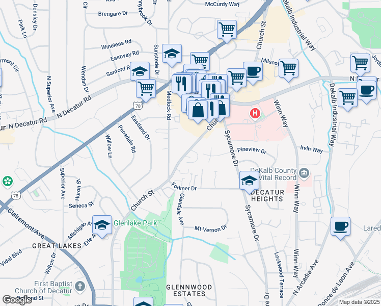 map of restaurants, bars, coffee shops, grocery stores, and more near 2450 Manor Walk in Decatur