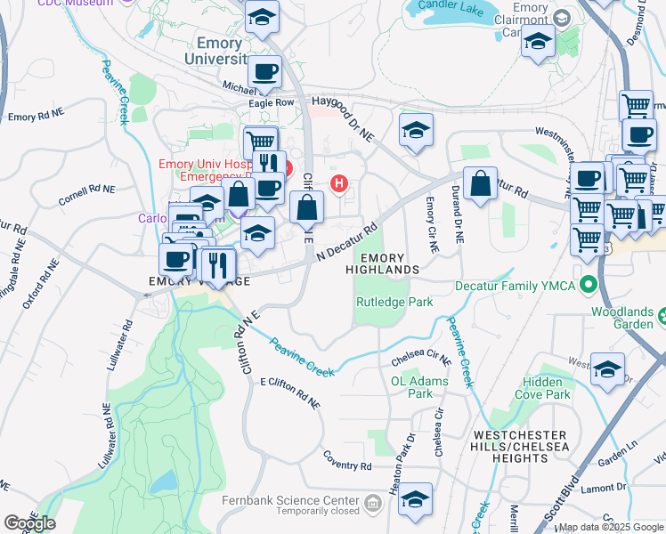 map of restaurants, bars, coffee shops, grocery stores, and more near 1743 North Decatur Road in Atlanta