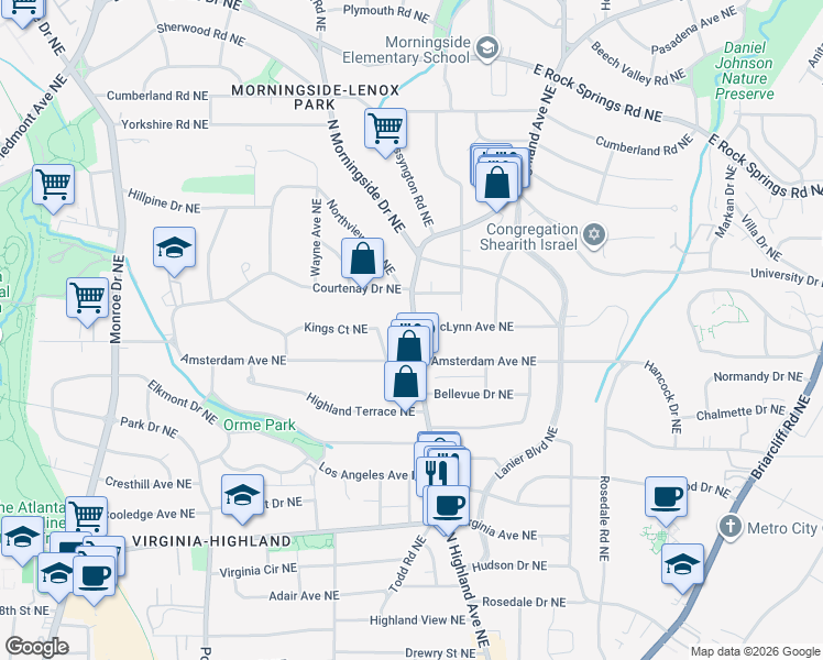 map of restaurants, bars, coffee shops, grocery stores, and more near 1242 North Highland Avenue Northeast in Atlanta