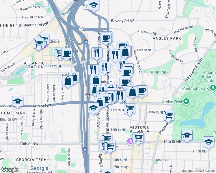 map of restaurants, bars, coffee shops, grocery stores, and more near in Atlanta