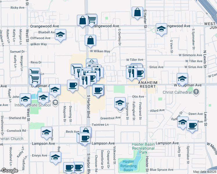 map of restaurants, bars, coffee shops, grocery stores, and more near 12688 Chapman Avenue in Garden Grove