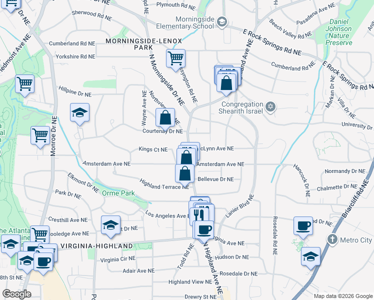 map of restaurants, bars, coffee shops, grocery stores, and more near 1242 North Highland Avenue Northeast in Atlanta