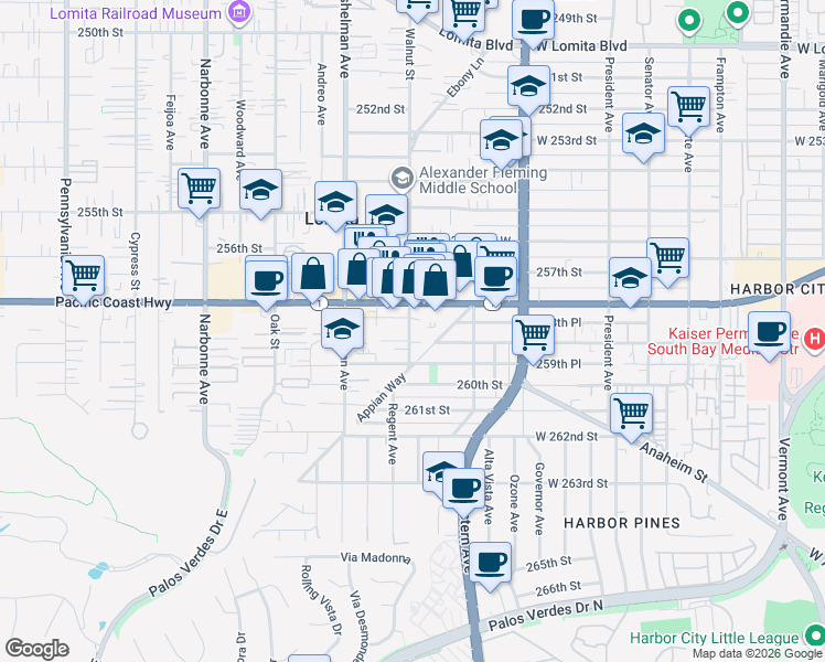 map of restaurants, bars, coffee shops, grocery stores, and more near 25822 Walnut Street in Lomita
