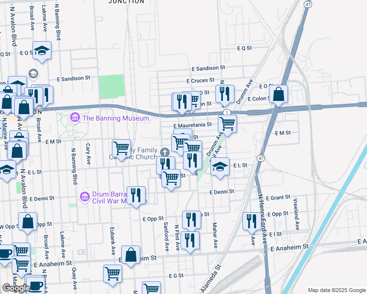 map of restaurants, bars, coffee shops, grocery stores, and more near 1123 East Robidoux Street in Los Angeles