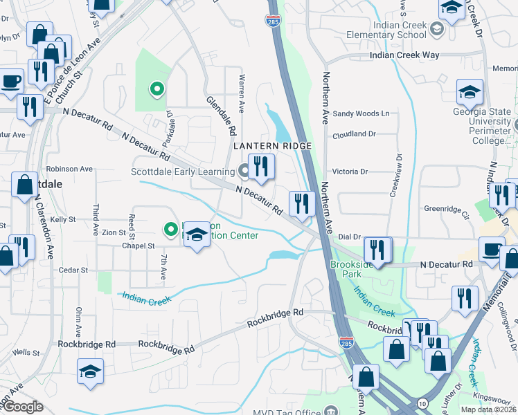 map of restaurants, bars, coffee shops, grocery stores, and more near 3485 Creekview Place in Scottdale