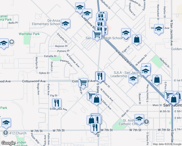 map of restaurants, bars, coffee shops, grocery stores, and more near 139 North Palomar Avenue in San Jacinto
