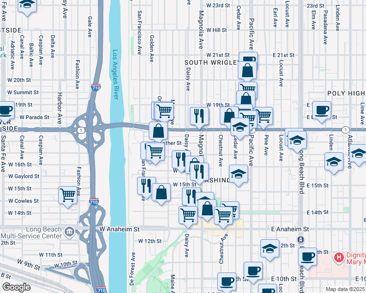 map of restaurants, bars, coffee shops, grocery stores, and more near 623 West Esther Street in Long Beach