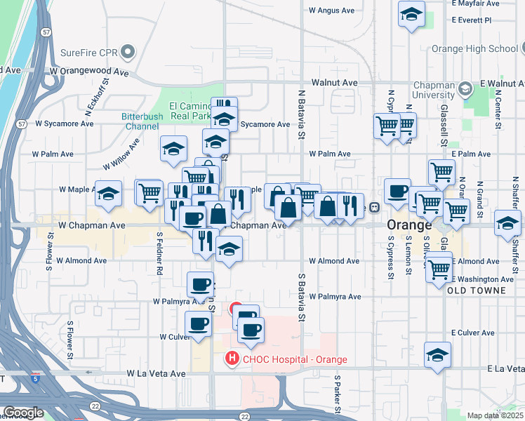 map of restaurants, bars, coffee shops, grocery stores, and more near 1060 West Arbor Way in Orange