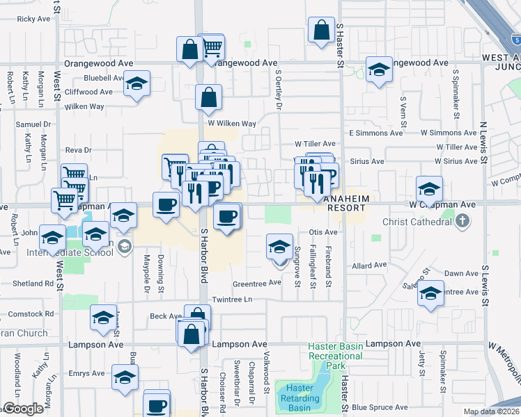 map of restaurants, bars, coffee shops, grocery stores, and more near in Garden Grove