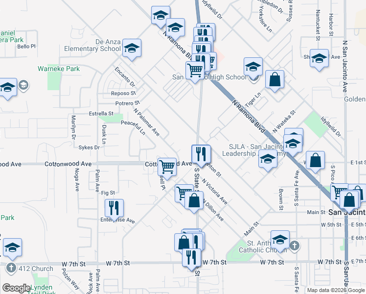 map of restaurants, bars, coffee shops, grocery stores, and more near 139 North Palomar Avenue in San Jacinto