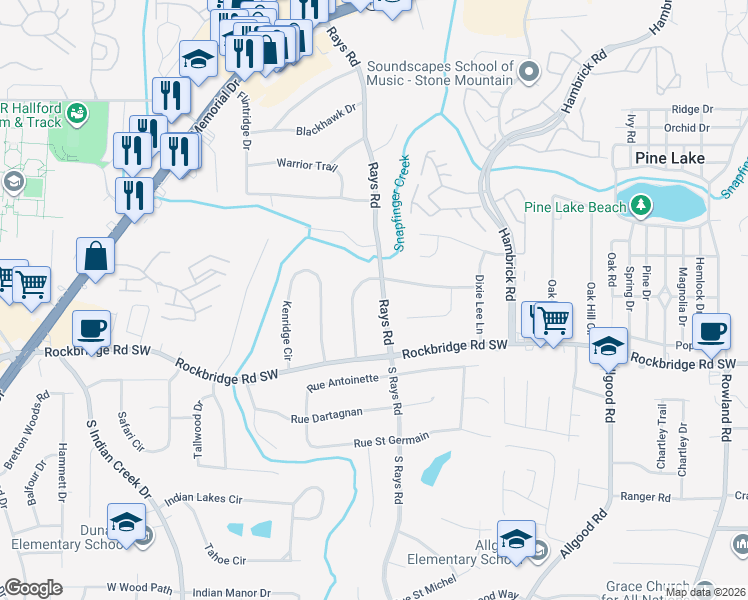 map of restaurants, bars, coffee shops, grocery stores, and more near 428 Rays Road in Stone Mountain