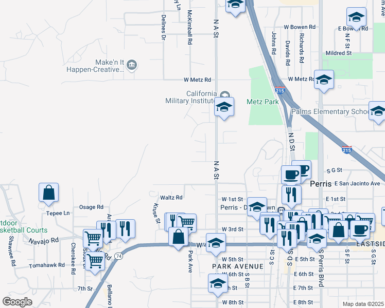 map of restaurants, bars, coffee shops, grocery stores, and more near 489 Crown Ridge Road in Perris