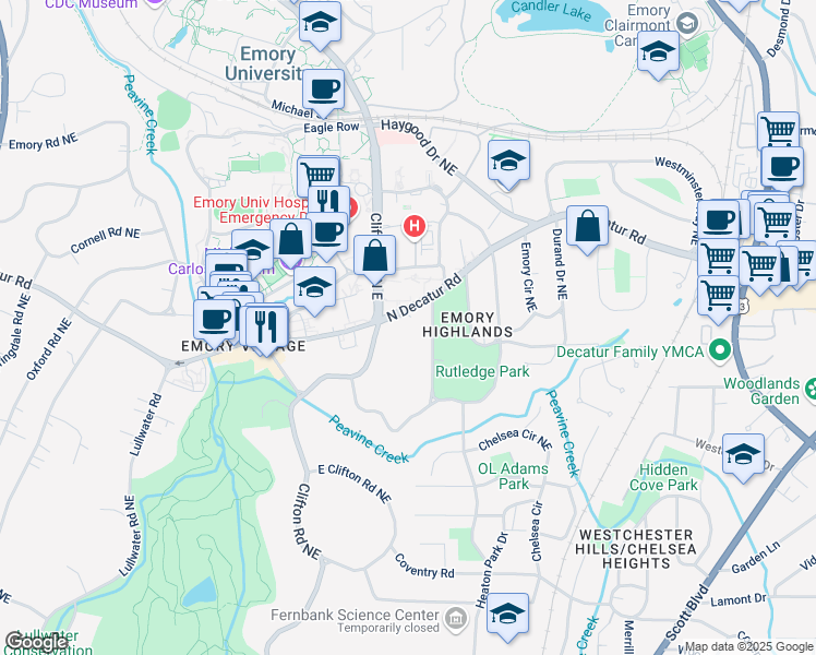 map of restaurants, bars, coffee shops, grocery stores, and more near 1743 North Decatur Road in Atlanta