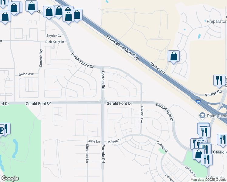 map of restaurants, bars, coffee shops, grocery stores, and more near 74327 Zeppelin Drive in Palm Desert