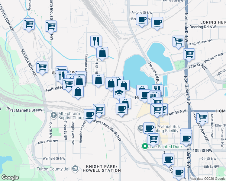 map of restaurants, bars, coffee shops, grocery stores, and more near 946 Huff Road Northwest in Atlanta
