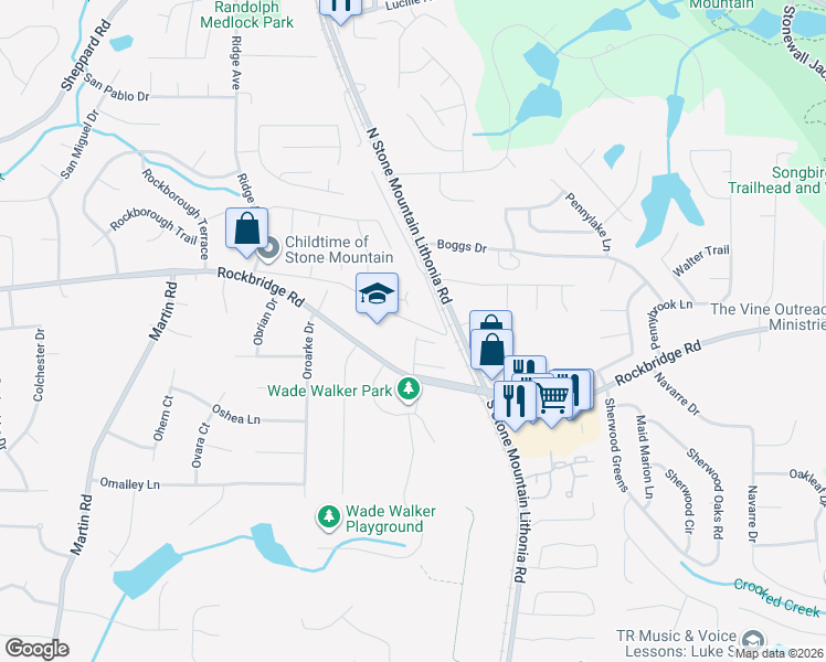 map of restaurants, bars, coffee shops, grocery stores, and more near 5476 Old Rockbridge Road in Stone Mountain