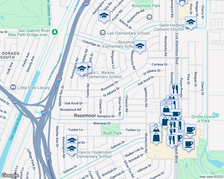 map of restaurants, bars, coffee shops, grocery stores, and more near 3051 Saint Albans Drive in Rossmoor