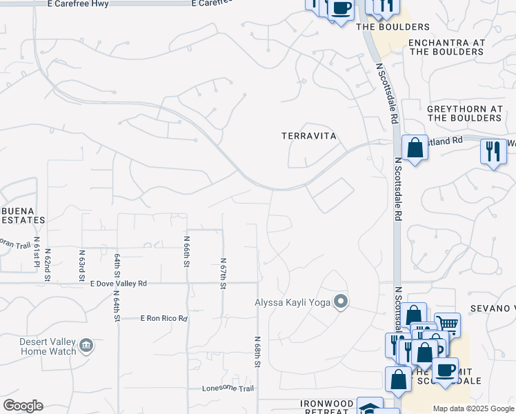 map of restaurants, bars, coffee shops, grocery stores, and more near 6808 East Eagle Feather Road in Scottsdale