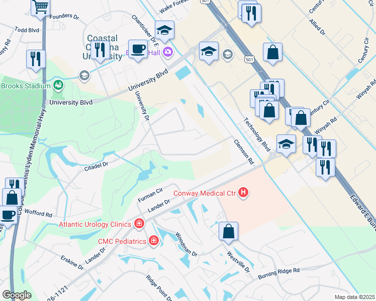 map of restaurants, bars, coffee shops, grocery stores, and more near 129 University Circle in Conway