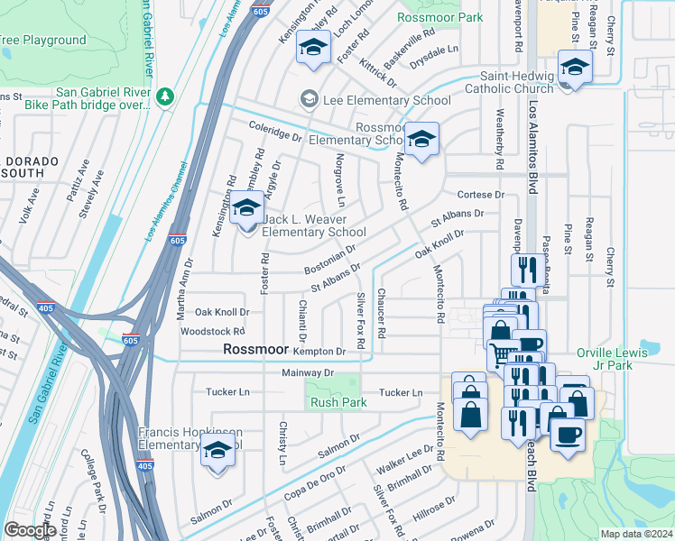 map of restaurants, bars, coffee shops, grocery stores, and more near 2761 Saint Albans Drive in Los Alamitos