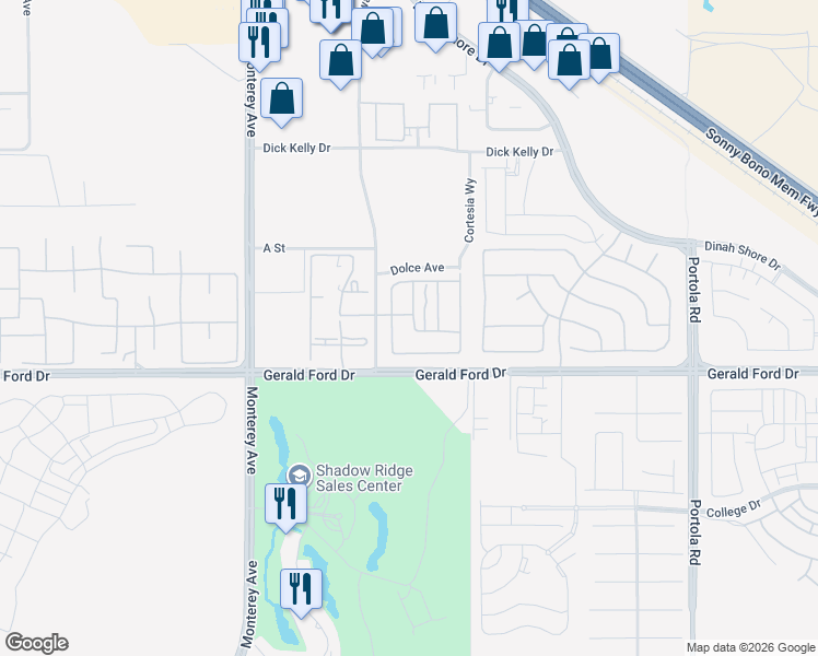 map of restaurants, bars, coffee shops, grocery stores, and more near 35474 Domani Drive in Palm Desert