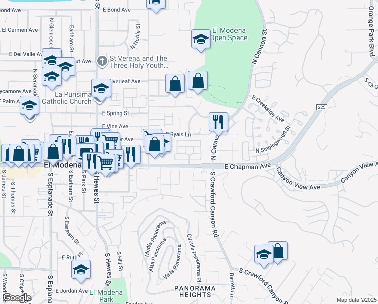 map of restaurants, bars, coffee shops, grocery stores, and more near 5215 East Chapman Avenue in Orange