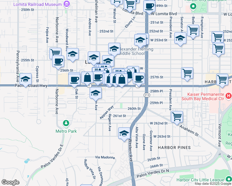 map of restaurants, bars, coffee shops, grocery stores, and more near 25828 Walnut Street in Lomita