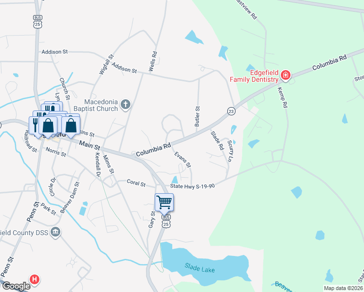 map of restaurants, bars, coffee shops, grocery stores, and more near 404 Columbia Road in Edgefield
