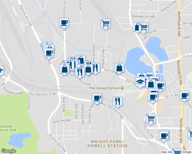map of restaurants, bars, coffee shops, grocery stores, and more near 1040 Huff Road Northwest in Atlanta