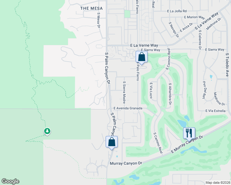 map of restaurants, bars, coffee shops, grocery stores, and more near 211 East Canyon Vista Drive in Palm Springs