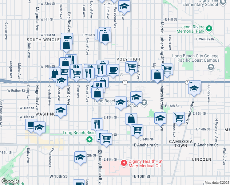 map of restaurants, bars, coffee shops, grocery stores, and more near 430 East Esther Street in Long Beach