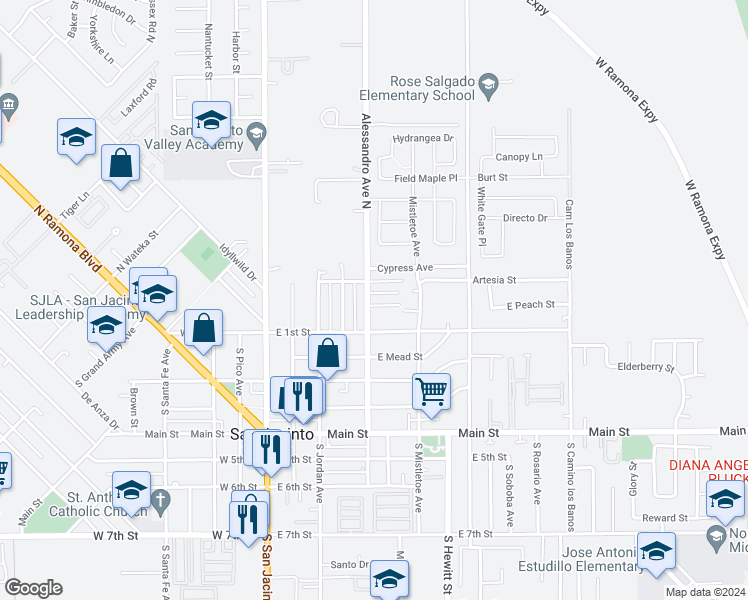 map of restaurants, bars, coffee shops, grocery stores, and more near 165 Alessandro Avenue North in San Jacinto