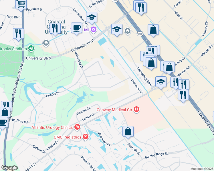 map of restaurants, bars, coffee shops, grocery stores, and more near 131 University Drive in Conway