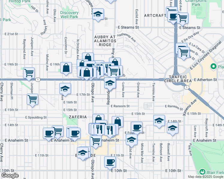 map of restaurants, bars, coffee shops, grocery stores, and more near 1744 Redondo Avenue in Long Beach