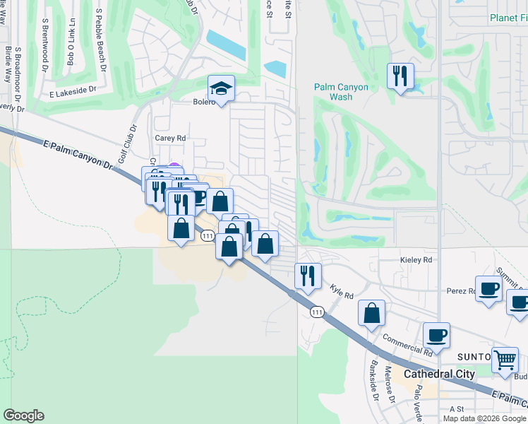 map of restaurants, bars, coffee shops, grocery stores, and more near 105 Aliso Drive in Palm Springs