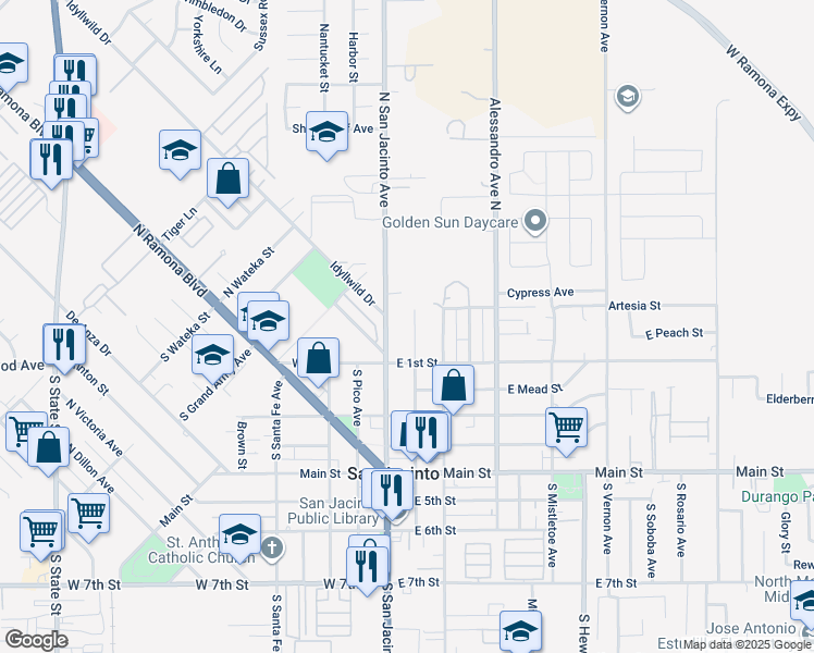 map of restaurants, bars, coffee shops, grocery stores, and more near 182 North Sheriff Avenue in San Jacinto