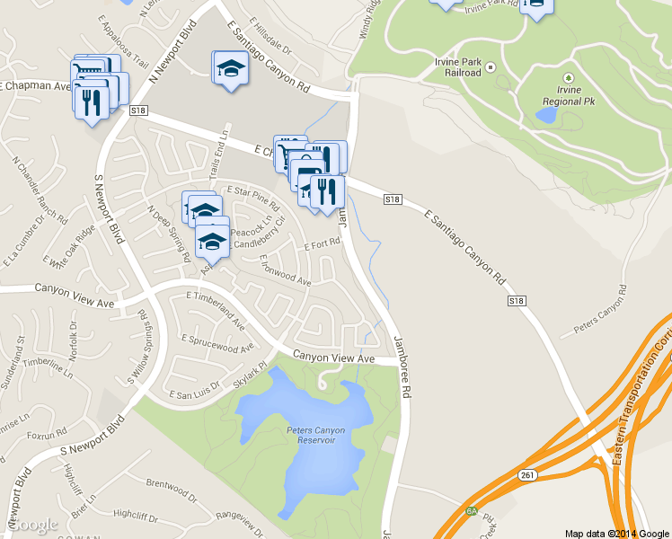 map of restaurants, bars, coffee shops, grocery stores, and more near 100-140 North Cross Creek Road in Orange