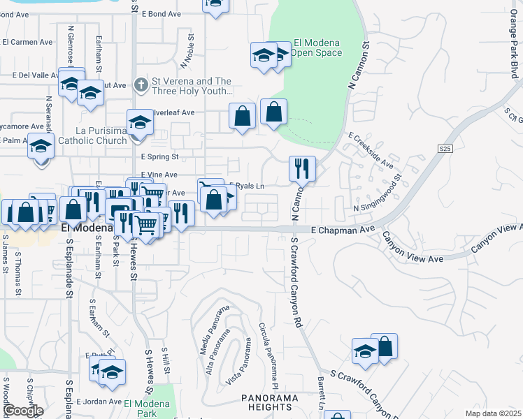 map of restaurants, bars, coffee shops, grocery stores, and more near 5215 East Chapman Avenue in Orange