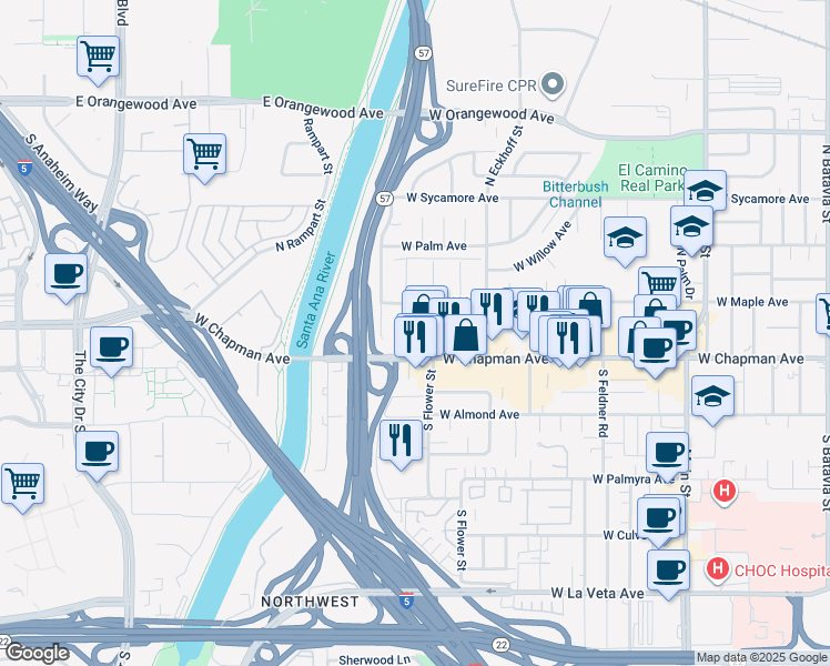map of restaurants, bars, coffee shops, grocery stores, and more near 164 North Flower Street in Orange