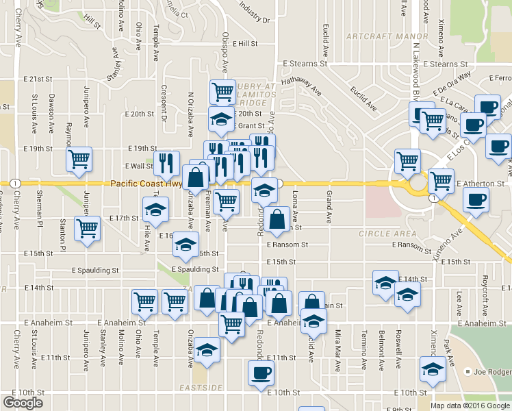 map of restaurants, bars, coffee shops, grocery stores, and more near 1754 Redondo Avenue in Long Beach
