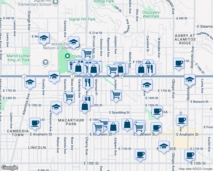 map of restaurants, bars, coffee shops, grocery stores, and more near 1735 Junipero Avenue in Long Beach