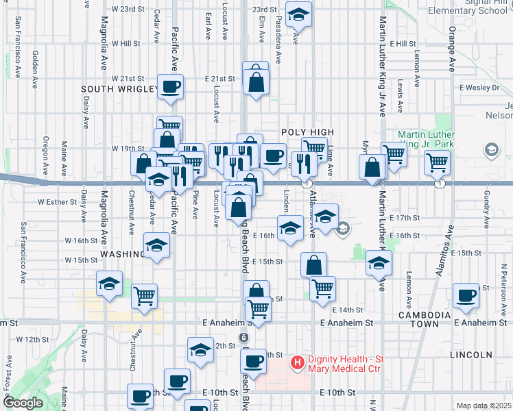 map of restaurants, bars, coffee shops, grocery stores, and more near 351 East Esther Street in Long Beach
