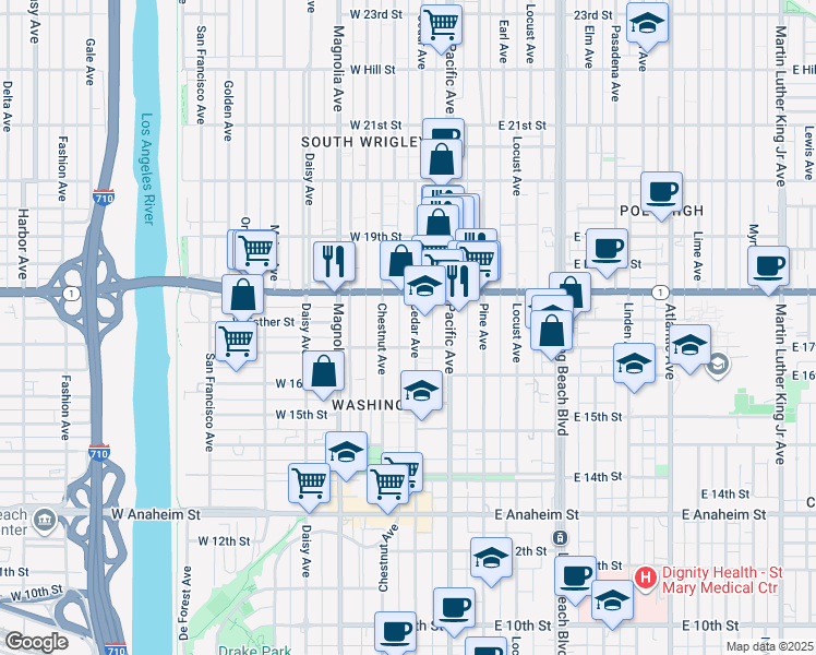 map of restaurants, bars, coffee shops, grocery stores, and more near 1749 Cedar Avenue in Long Beach