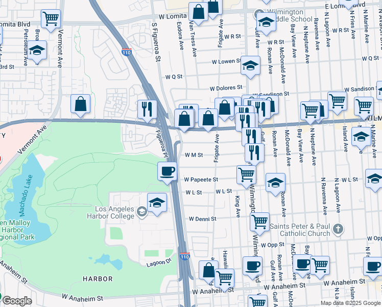 map of restaurants, bars, coffee shops, grocery stores, and more near 1246 West Mauretania Street in Los Angeles