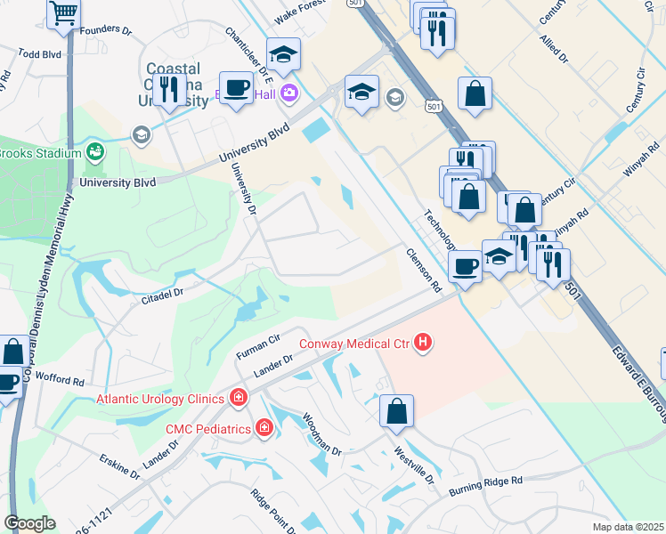 map of restaurants, bars, coffee shops, grocery stores, and more near 129 University Circle in Conway