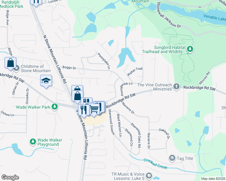 map of restaurants, bars, coffee shops, grocery stores, and more near 5660 Clifton Place in Stone Mountain