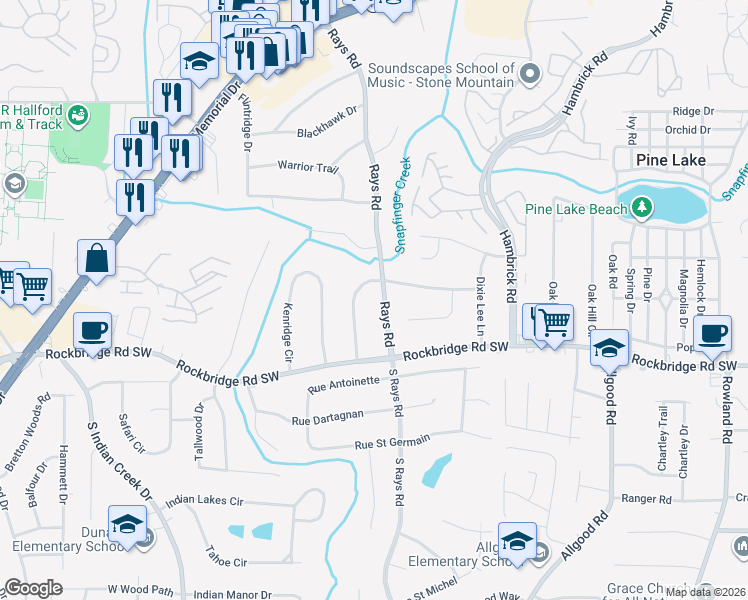 map of restaurants, bars, coffee shops, grocery stores, and more near 428 Rays Road in Stone Mountain